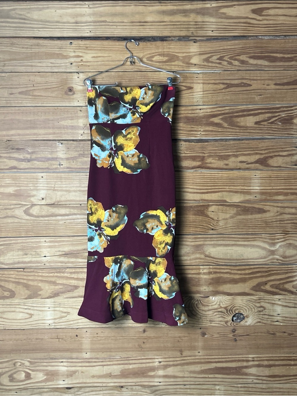 Bisou Bisou Maroon Floral Midi Skirt with Yellow Accents